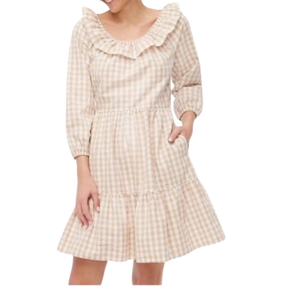 J. Crew Factory Tan and White Checkered Gingham Dress. Ruffle Collar. Sz 14.